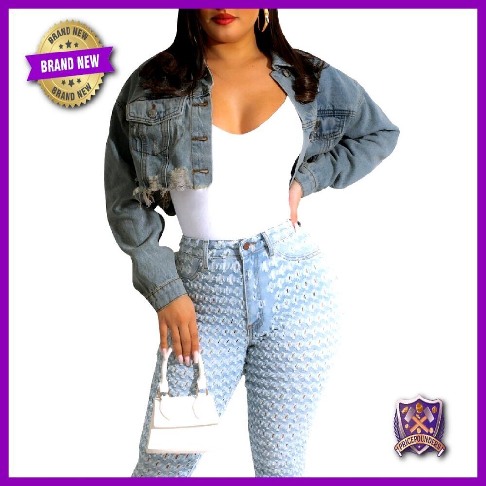 Cropped Denim Jacket Distressed Vintage Y2K Chic Casual Long Sleeve Top